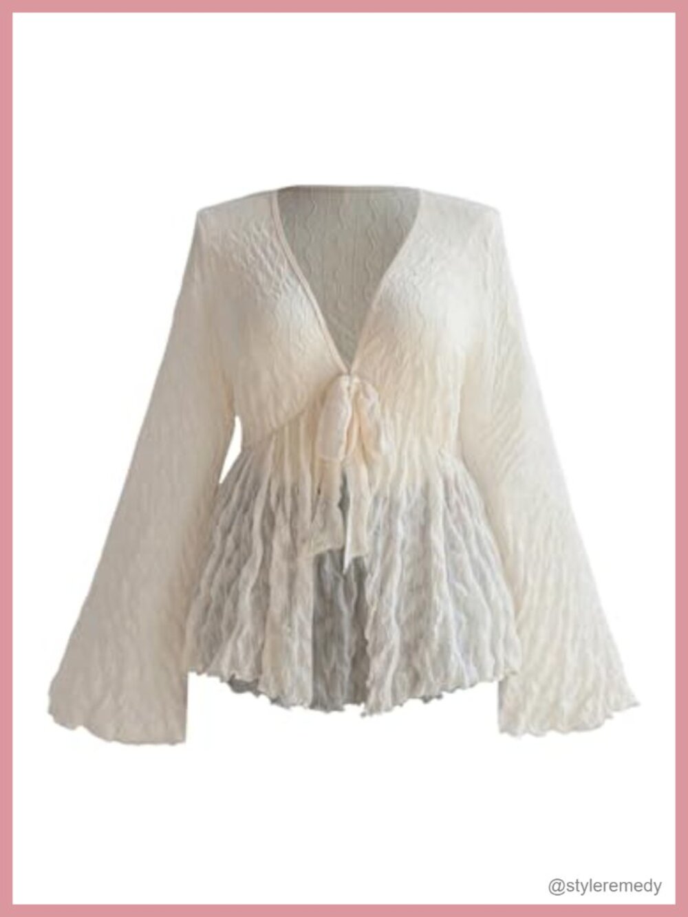 Plus Size Mesh Bell Sleeve Peplum Babydoll Blouse Tie Front